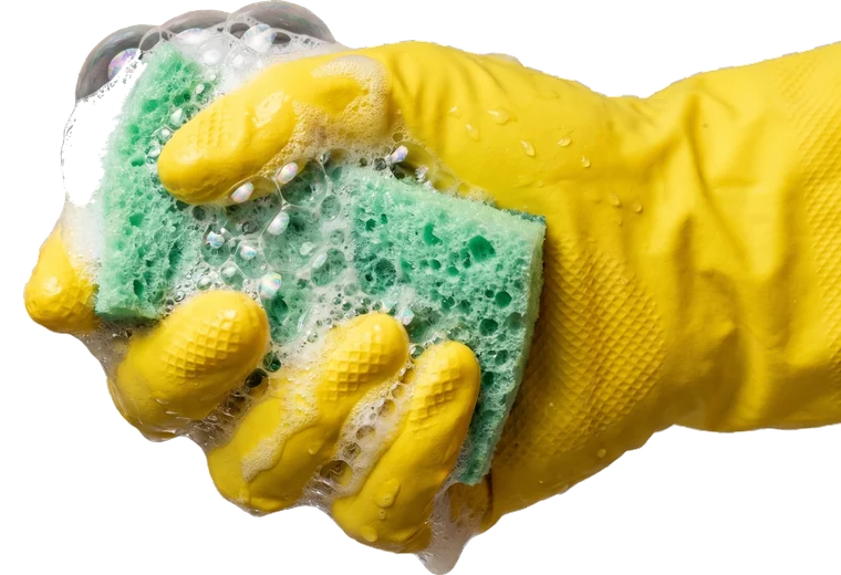 A yellow-gloved hand squeezing a soapy green sponge.